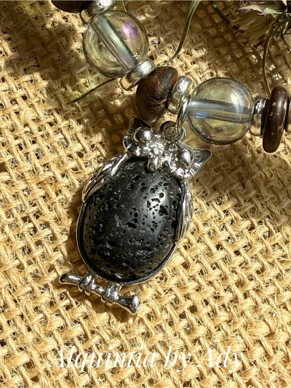 Iridescent Aura Quartz and Brown Wood Bead Bracelet with Silver Owl Charm